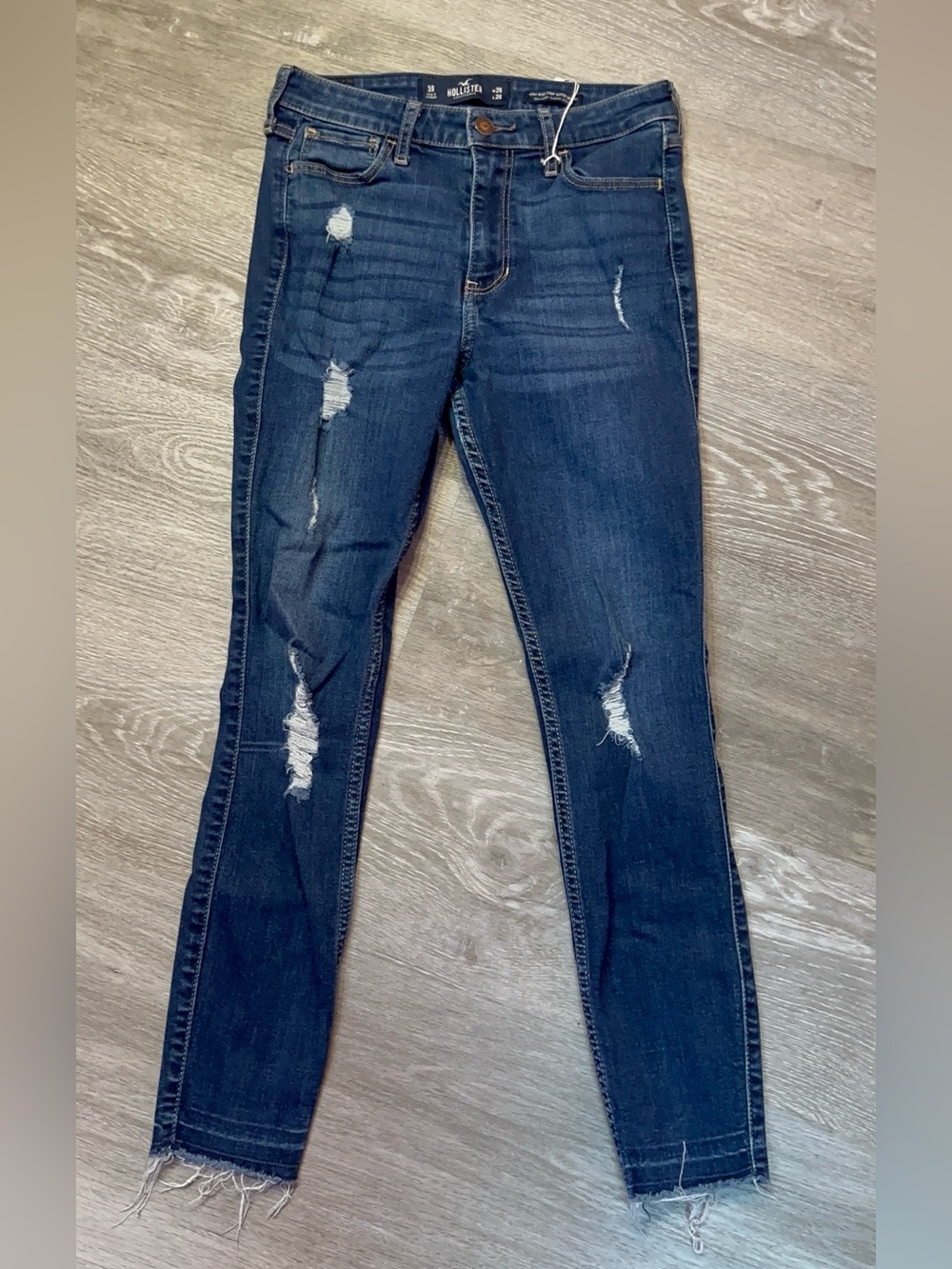 Hollister Women's High Rise Crop Super Skinny Dark Blue Distressed